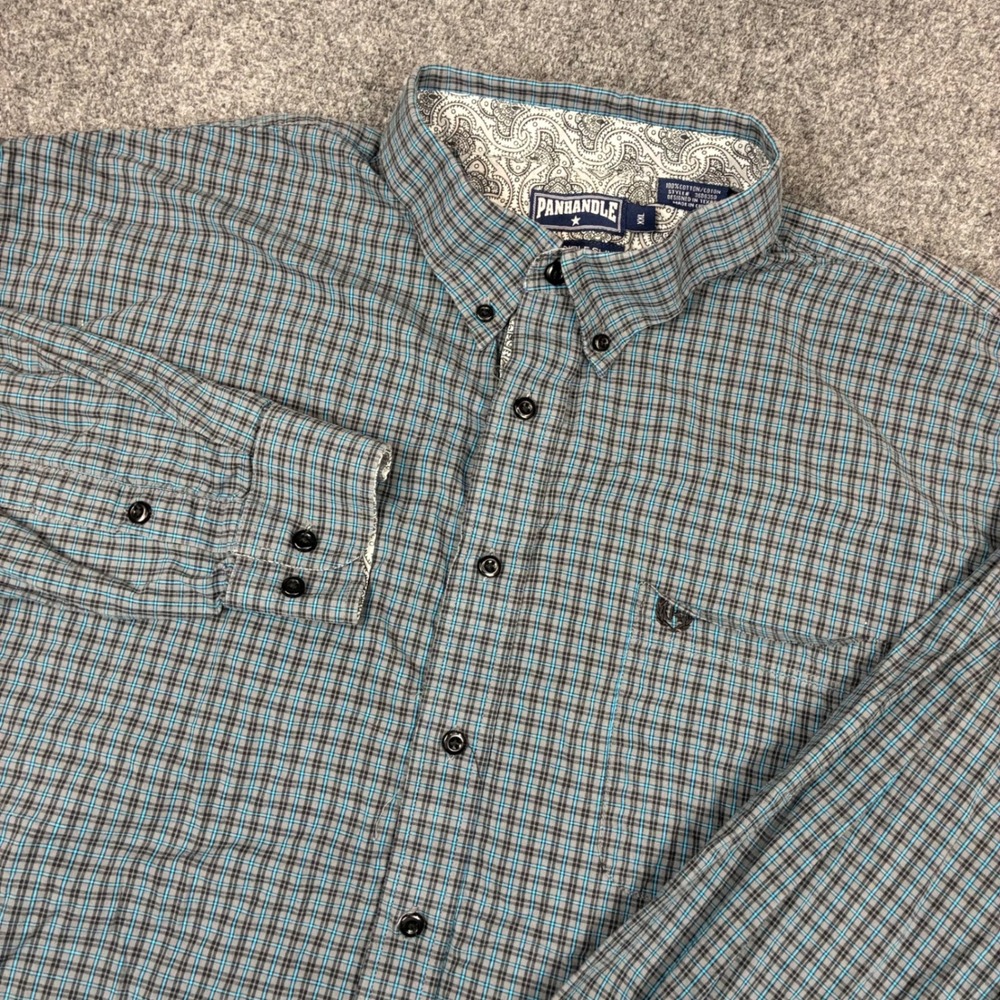 Panhandle Slim Mens XXL Plaid Button Down Western Shirt Grey Blue 100% Cotton